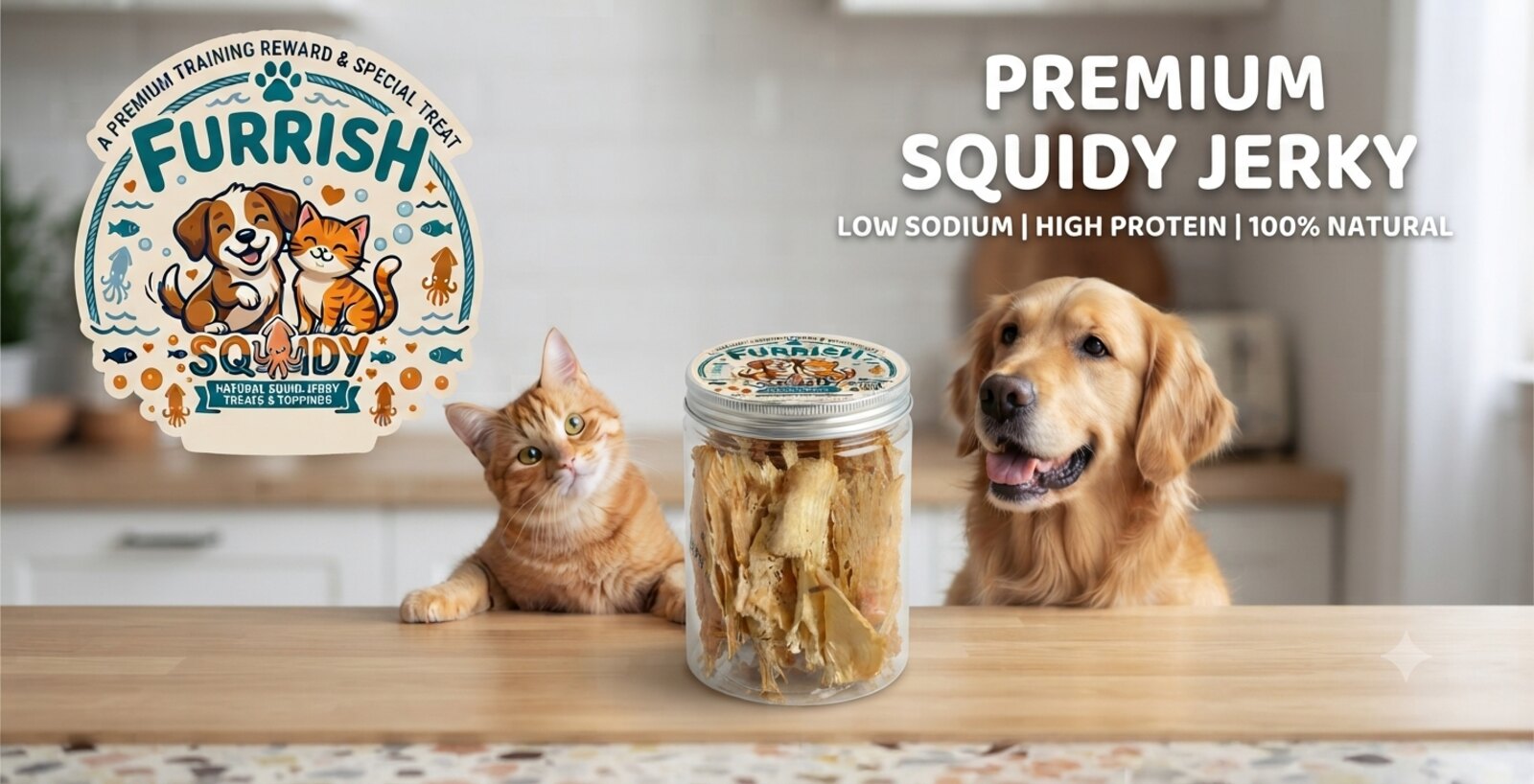 FURRISH SQUIDY squid jerky pet treats with a golden retriever and a ginger cat
