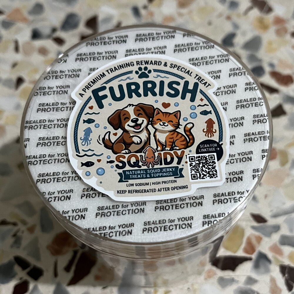 The FURRISH SQUIDY label on a foil-sealed jar lid