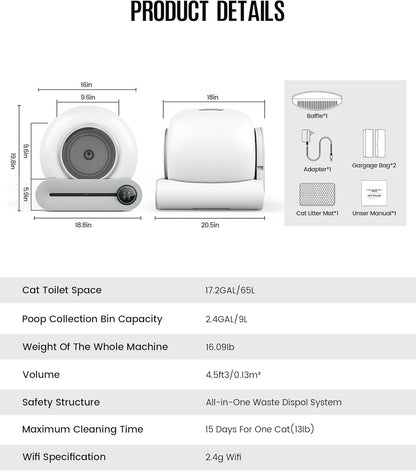 Automatic Cat Litter Box for Cats Up to 25 lbs – 65L Capacity with App Control